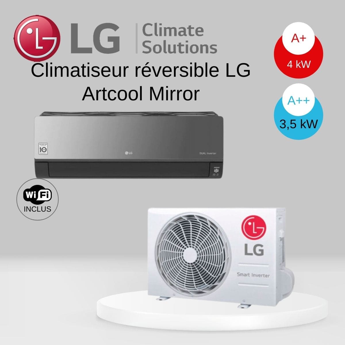 Climatiseur réversible LG Artcool Mirror AC12BK.NSJ et AC12BK.UA3 - 3.5 kW