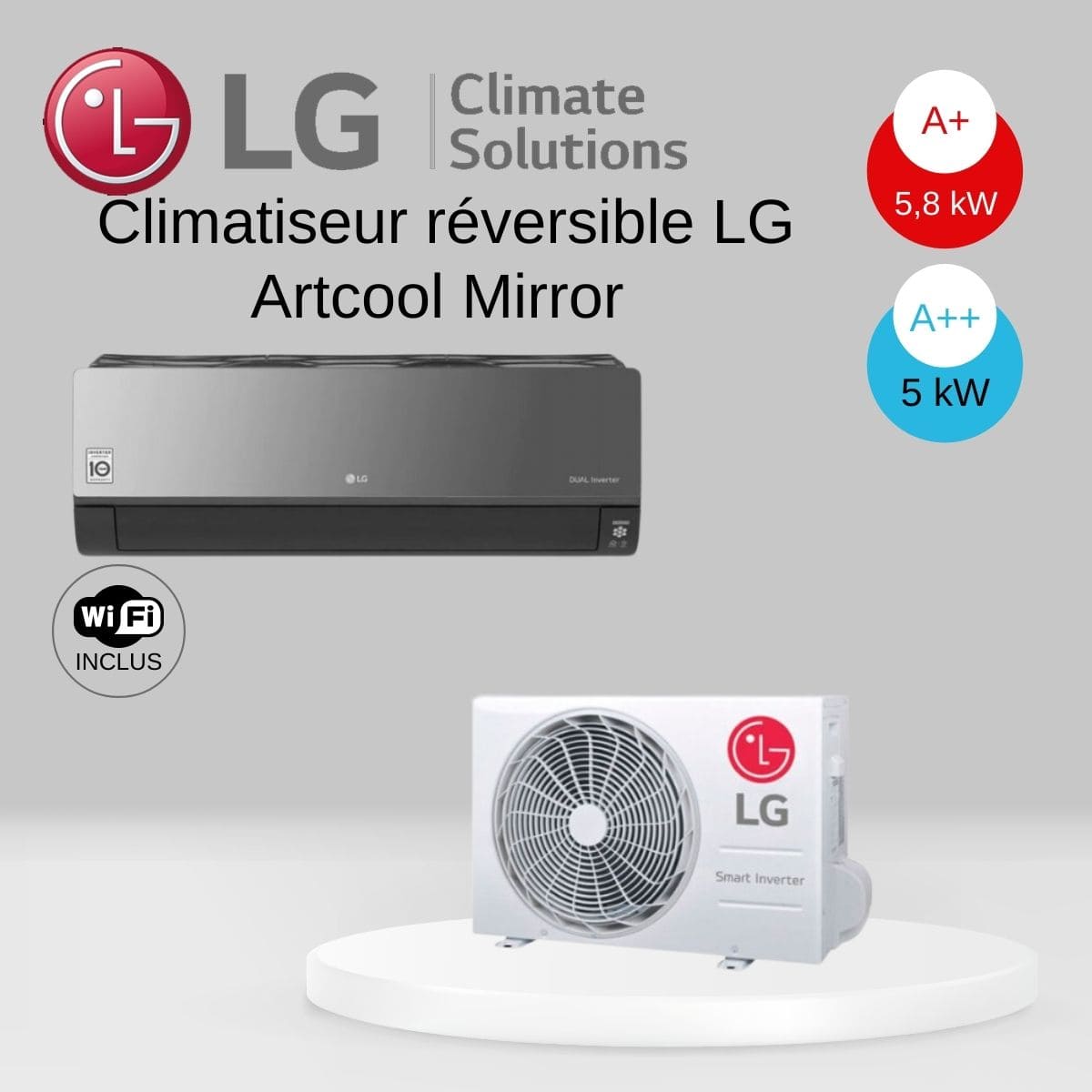 Climatiseur réversible LG Artcool Mirror AC18BK.NSK et AC18BK.UL2 - 5 kW
